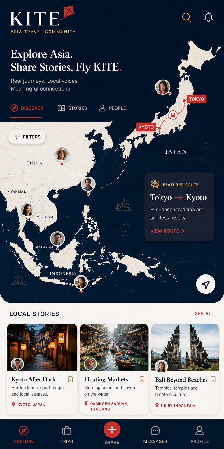KITE Asia travel community app screen