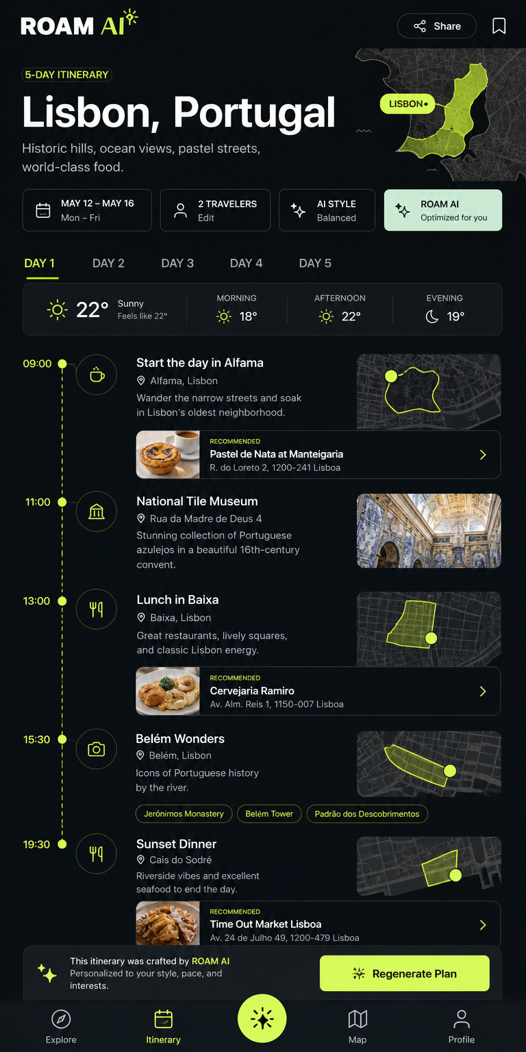 ROAM AI itinerary generator app screen